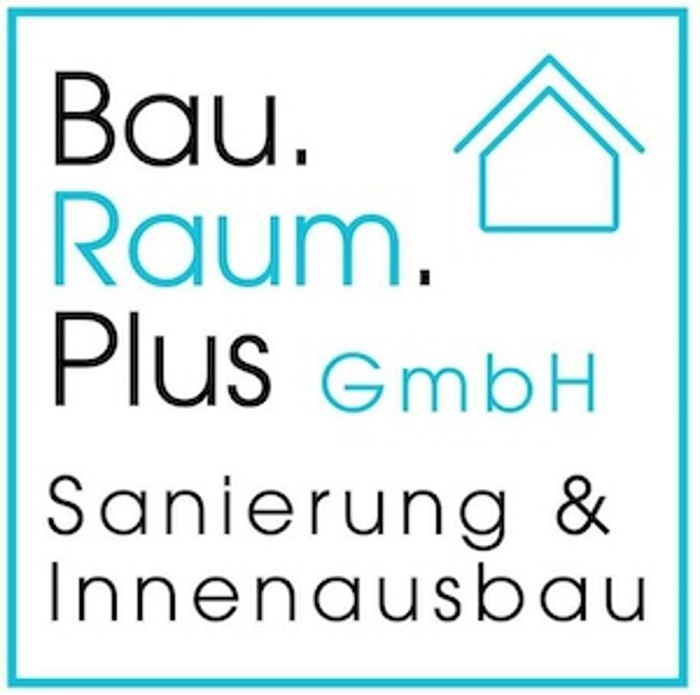 Logo von Bau.Raum.Plus GmbH, Sanierung & Innenausbau, mit einem Hausumriss in Hellblau.