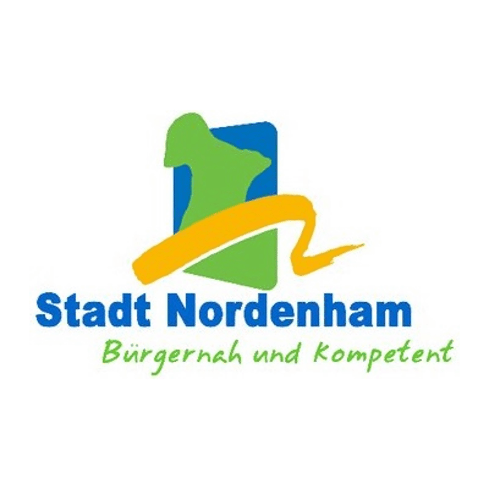 Logo von Lügde: Rote Skyline, blauer Hügel, Schriftzug "Lügde Staatlich anerkannter Erholungsort".