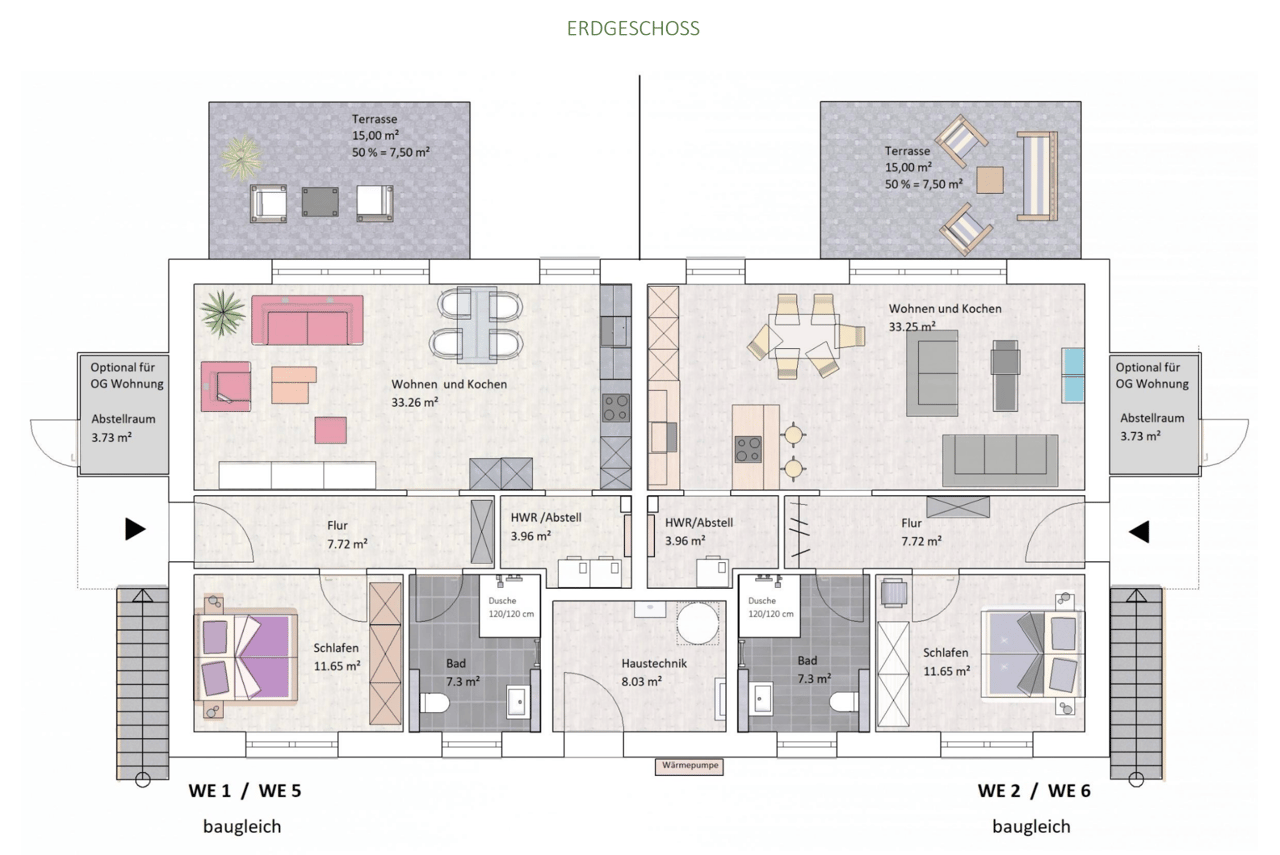 Grundriss der Erdgeschosswohnungen, 2 Zimmer, 71,4 m²