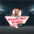 Mann zwinkert und zeigt auf "Snack den Kratky" Logo mit "Sorgers" und "Salanettis" vor einem Fußballstadion.