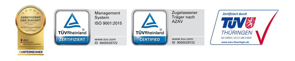 Auszeichnungen: Arbeitgeber der Zukunft, FOCUS TOP Arbeitgeber 2026, TÜV Rheinland ISO 9001:2015, TÜV Rheinland AZAV, TÜV Thüringen.