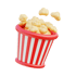 Ein roter und weißer gestreifter Becher gefüllt mit Popcorn, einige Stücke schweben darüber.