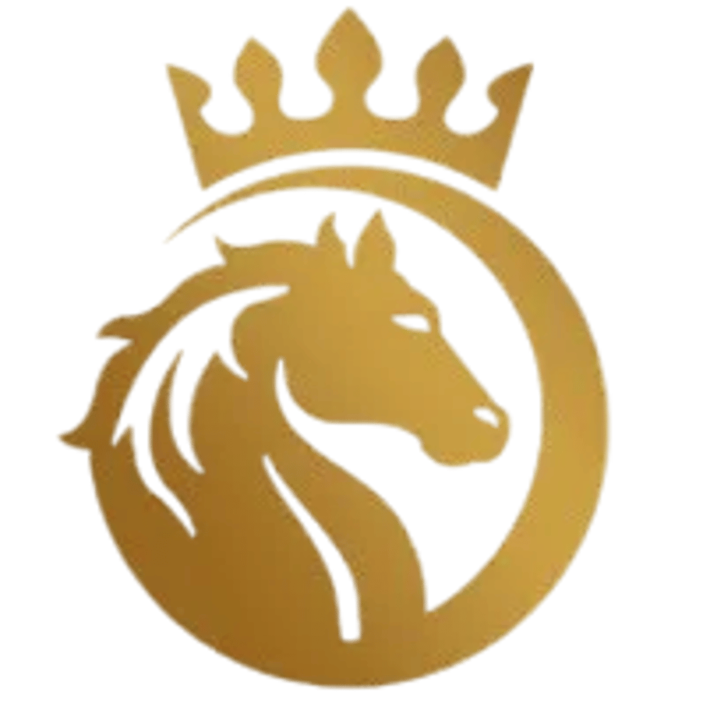 Golden horse head in a circular frame with a crown on top.