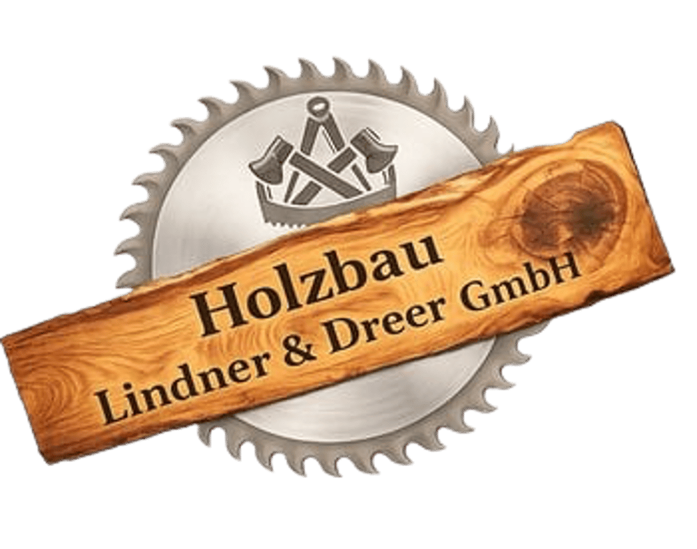 Logo von Holzbau Lindner & Dreer GmbH mit Sägeblatt, Zunftwappen und Holzbrett auf schwarzem Hintergrund.