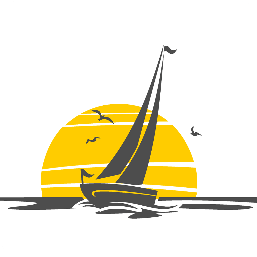 Segelboot auf Wasser bei Sonnenuntergang, Möwen fliegen.