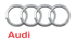 Audi-Logo mit vier silbernen, ineinandergreifenden Ringen und rotem Audi-Schriftzug.