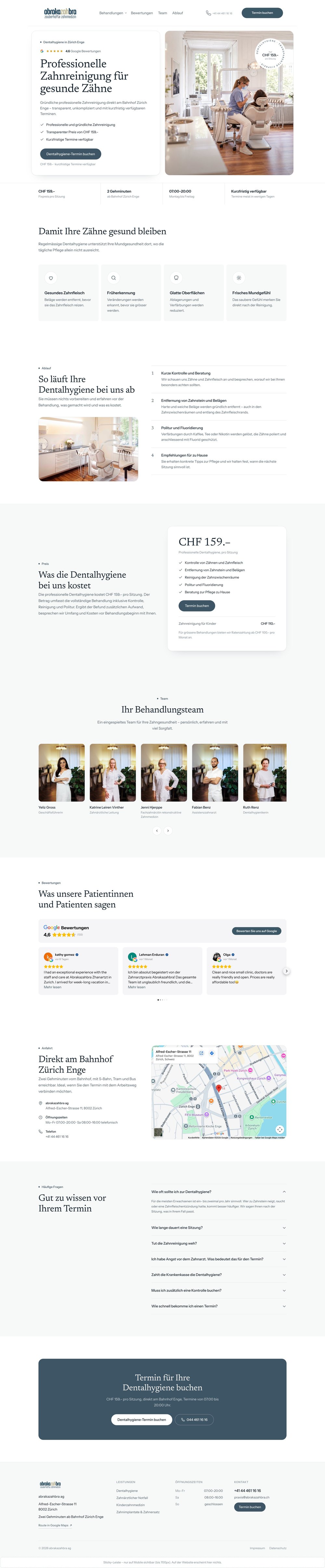 Abrakazahbra AG: Vier Google-Ads-Landingpages für eine Zahnarztpraxis, je eine pro Behandlung, mit direktem Weg zum Termin.