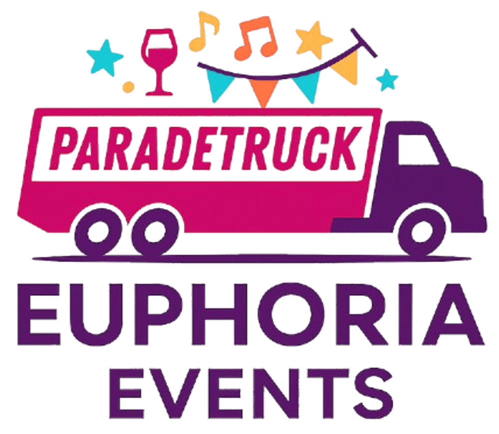 PARADETRUCK-Logo: Lila Truck mit pinkem Aufbau, darüber Noten, Partyhütchen, Wimpel und Weinglas, darunter Event Fusion GmbH.