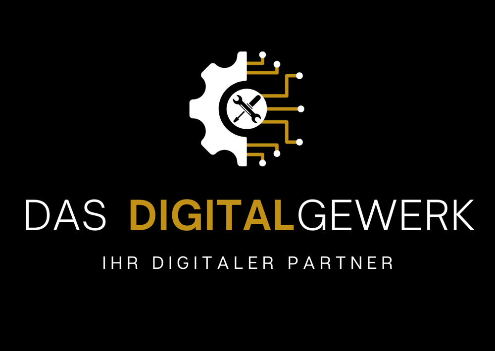 Logo: Zahnrad, Schraubenschlüssel, Platine. Text: DAS DIGITALGEWERK IHR DIGITALER PARTNER IM BAU.