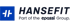 Hansefit Logo mit blauem Quadrat und weißem stilisiertem "H", daneben "HANSEFIT Part of the epassi Group".