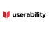 Rotes Userability-Logo mit zwei geschwungenen Blattformen und dem Text "userability" in Schwarz.