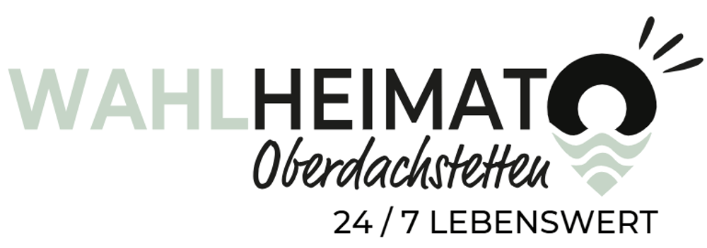 Logo Wahlheimat Oberdachstetten mit dem Motto 24 / 7 Lebenswert. Daneben ist ein Ortsmarker als Icon 