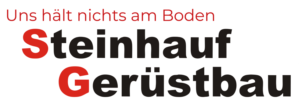 Logo mit Text "Uns hält nichts am Boden Steinhauf Gerüstbau" in Rot und Dunkelgrau auf dunkelgrünem Hintergrund.