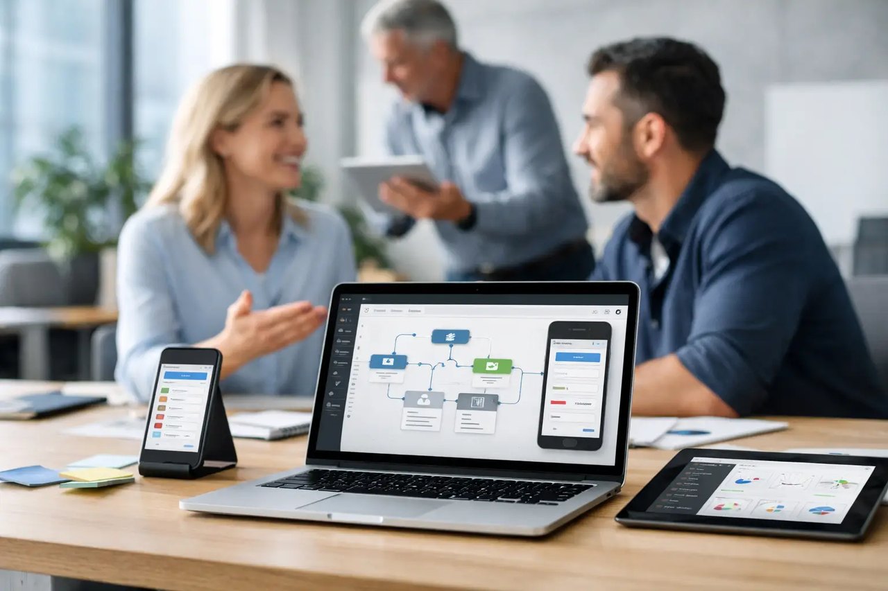 Laptop, Smartphone und Tablet zeigen Software-Workflows auf einem Schreibtisch vor unscharfen Kollegen im Büro.