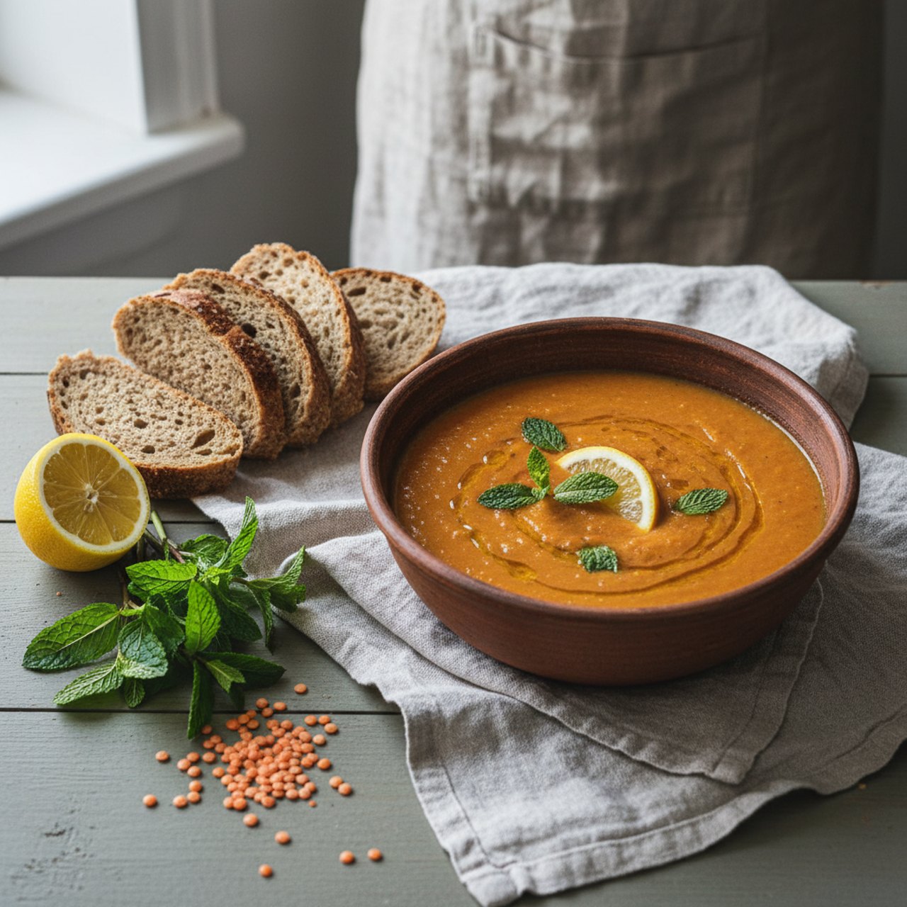 Schale mit cremiger roter Linsensuppe, garniert mit frischer Minze und Zitrone