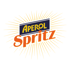 Aperol Spritz Logo mit gelbem Aperol-Schriftzug auf blauem Hintergrund und orangefarbenem Spritz-Schriftzug, umgeben von Sonnenstrahlen.