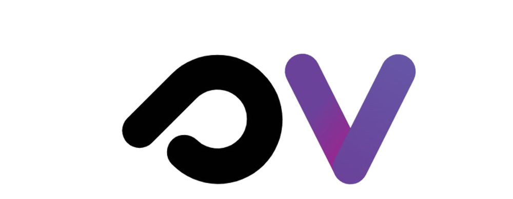 Logo mit schwarzem, stilisiertem "o" und violettem "V".
