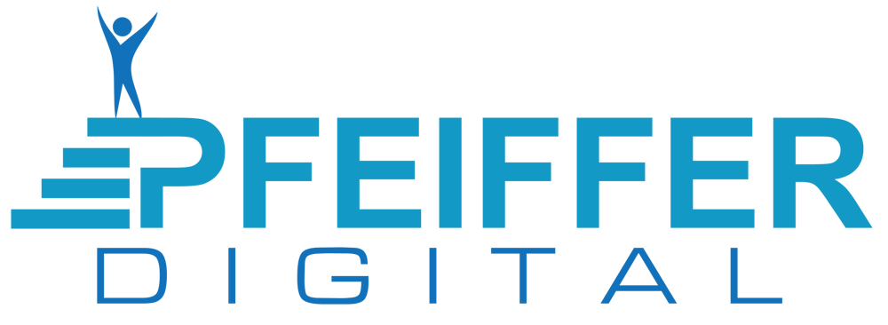 Pfeiffer Digital Logo: Blaue Schrift mit stilisiertem "P" als Treppe, darauf eine Person mit erhobenen Armen.