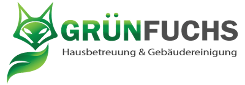 Grünfuchs Logo: Grüner Fuchskopf und Blatt mit Text „GRÜNFUCHS Hausbetreuung & Gebäudereinigung“.