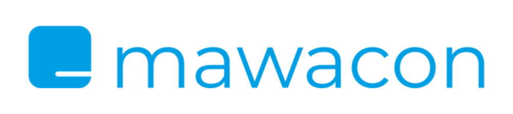 Mawacon Logo mit blauem Text auf dunkelgrünem Hintergrund.