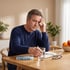 A middle-aged man sits at a table holding his head, reaching for a glass of water near a pill organizer and notebook.