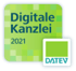 Grünes quadratisches Logo mit Text "Digitale Kanzlei 2021" und kleinerem DATEV Logo.