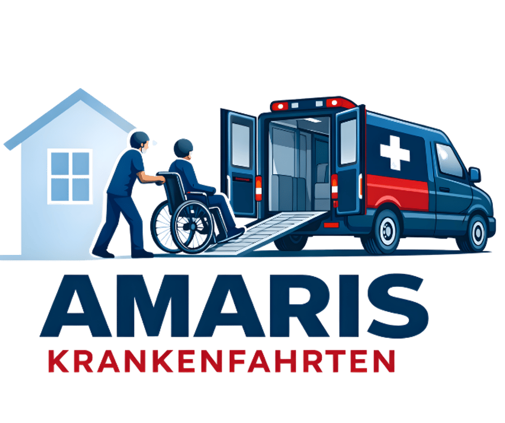 Ein Betreuer schiebt einen Rollstuhlfahrer in einen  Amaris Krankentransportwagen in Frankfurt