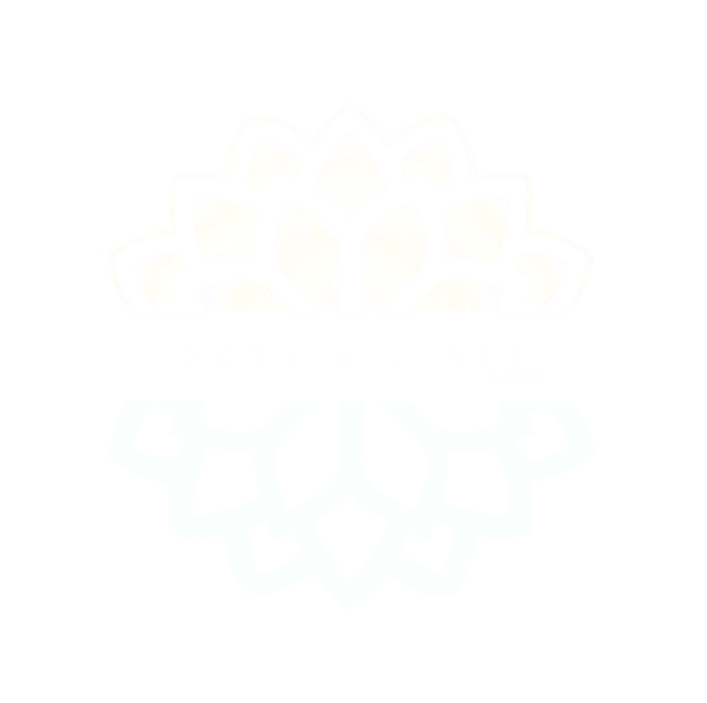 Schwarz-weißes Mandala-Logo mit dem Text „DOTS & LINES Estd. 2020“ in der Mitte auf schwarzem Hintergrund.