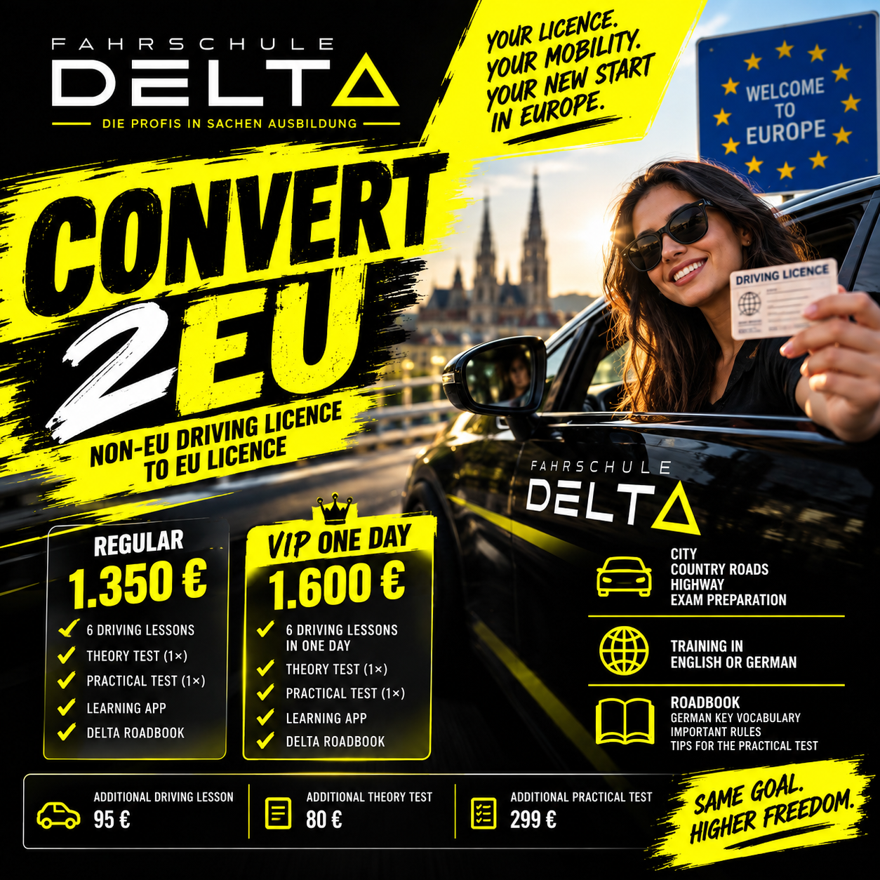 You need the EU License? Than is this the perfect offer for you!  Die Führerscheinumschreibung in einen EU Führerschein, bei uns in der Fahrschule DELTA kein Problem, denn wir sind die Spezialisten für deine Führerscheinumschreibung.