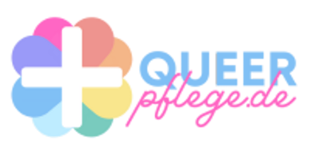 Logo: Buntes Blütenmuster mit weißem Pluszeichen und Text "QUEER pflegede"