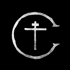 White distressed capital letter C with a cross symbol inside on a black background.