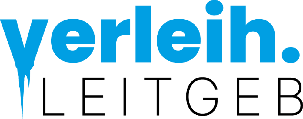 Blaues Logo "verleih." mit schwarzen, tropfenden Buchstaben über "LEITGEB" auf dunkelgrünem Hintergrund.
