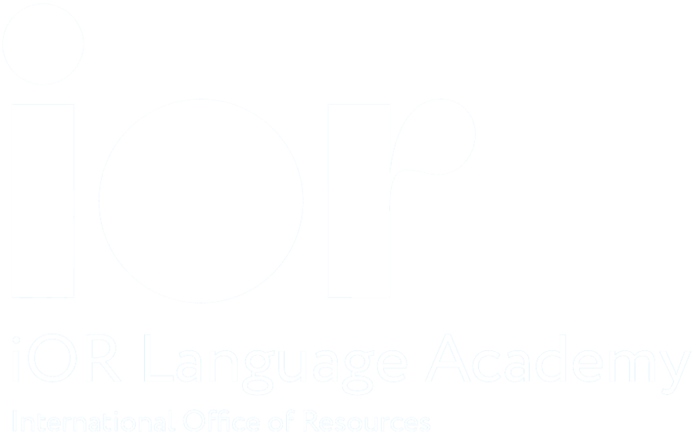 Weißes „ior“-Logo auf grünem Hintergrund, darunter „iOR Language Academy“ und „International Office of Resources“.