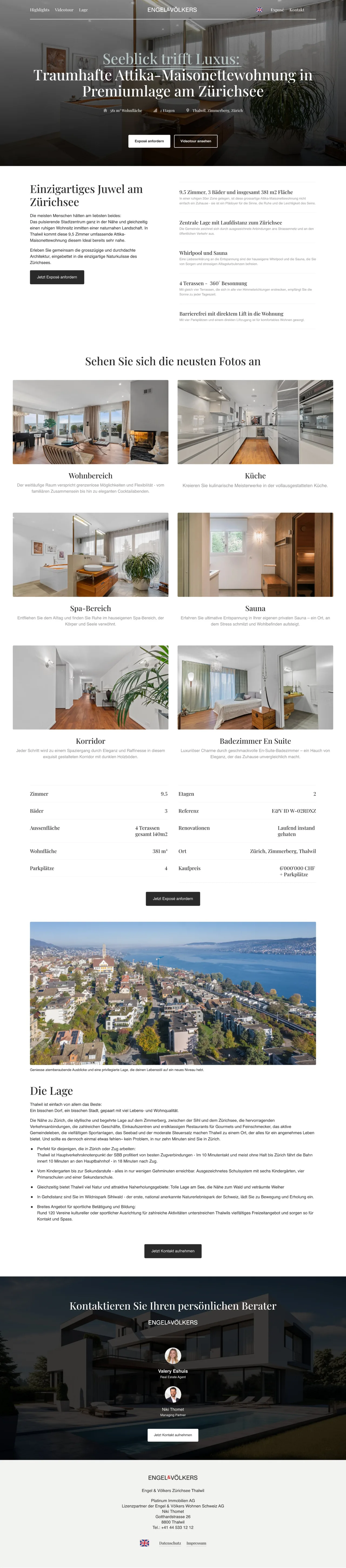 Immobilien-Landingpage von Engel & Völkers für eine Attika-Maisonettewohnung am Zürichsee