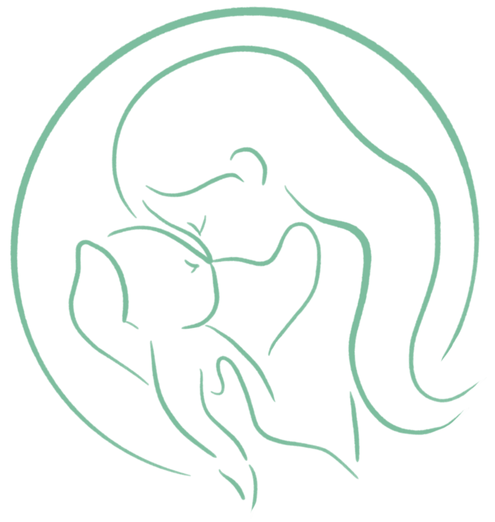 Grüne Linienzeichnung einer Frau, die ein Baby küsst, in einem Kreis auf dunkelgrünem Hintergrund.