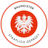 Rundes Siegel mit österreichischem Bundesadler, Text "BAUMEISTER" und "STAATLICH GEPRÜFT" in Rot und Weiß.