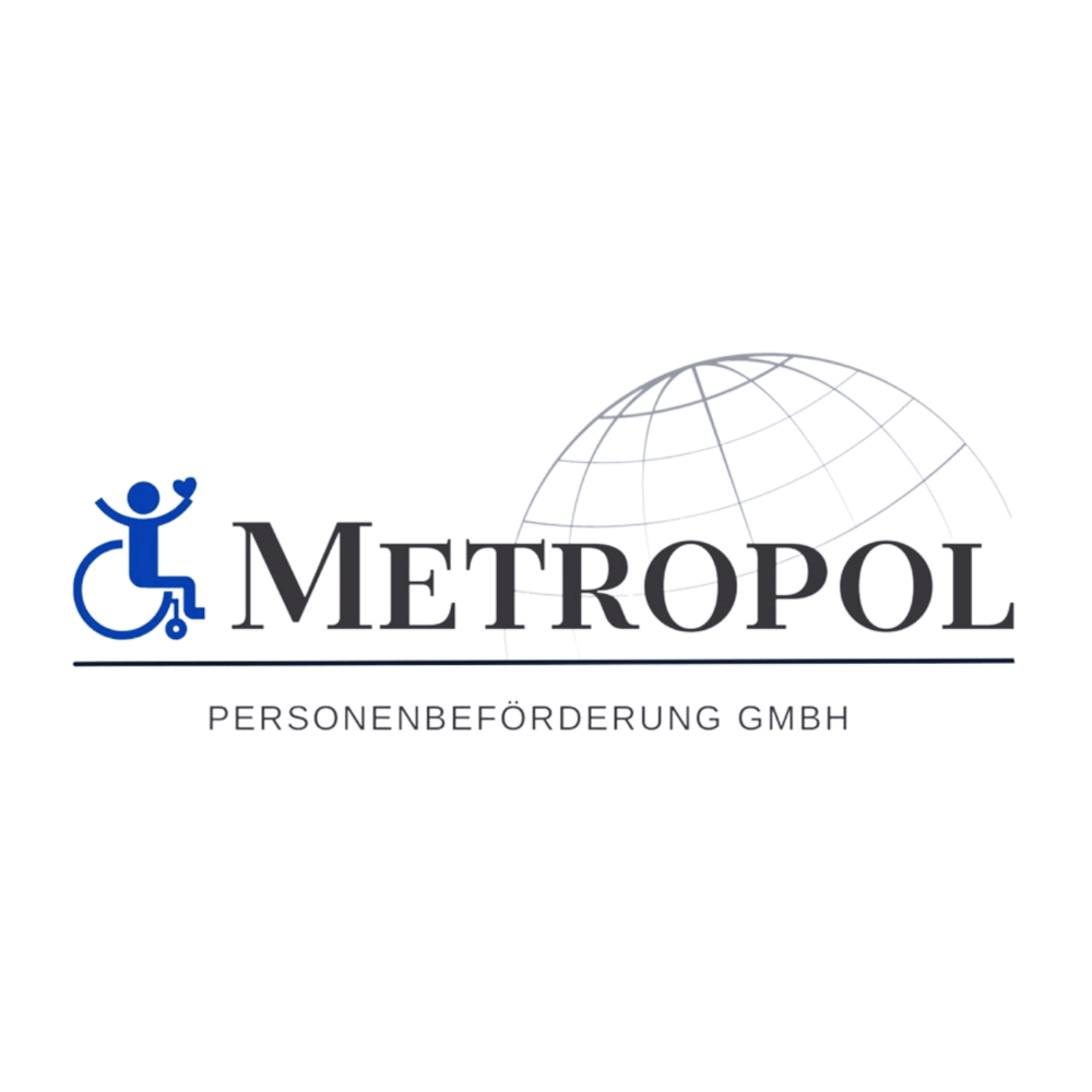 METROPOL PERSONENBEFÖRDERUNG GMBH Logo: Rollstuhlfahrer-Symbol und Globus neben dem Schriftzug.