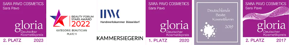 Auszeichnungen von Sara Pavo: GLORIA Deutscher Kosmetikpreis 2023, BEAUTY FORUM Stars Award 2022, Kammersiegerin der Handwerkskammer Düsseldorf, GLORIA 2020, Deutschlands beste Kosmetikerin 2019 und GLORIA 2017.