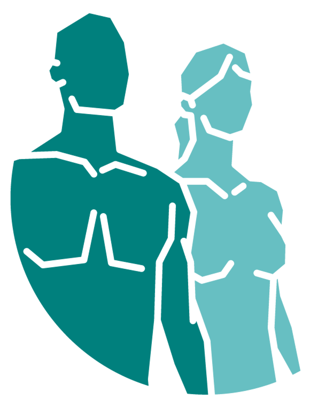 Stilisierte dunkel- und helltürkise Silhouetten eines Mannes und einer Frau.