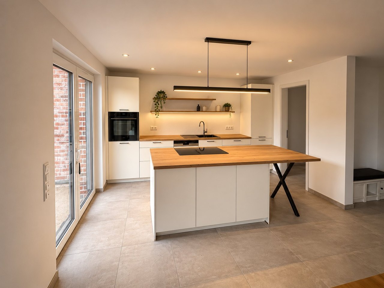 Kundenküche mit Kochinsel in Holz und Weiß, geplant von Baaler Küchenstudio Heinsberg
