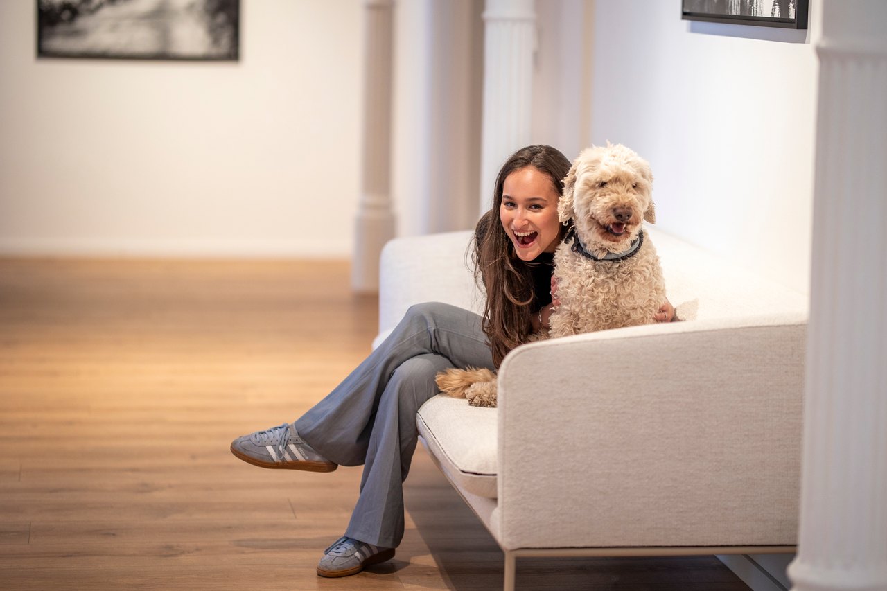 Mitarbeiterin mit Bürohund in der Kanzlei