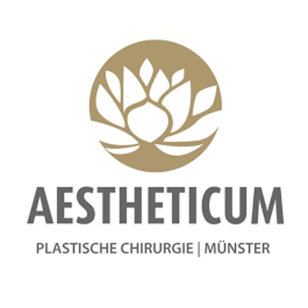 Aestheticum Logo: Lotusblume über den Wörtern "AESTHETICUM PLASTISCHE CHIRURGIE Müns".er
