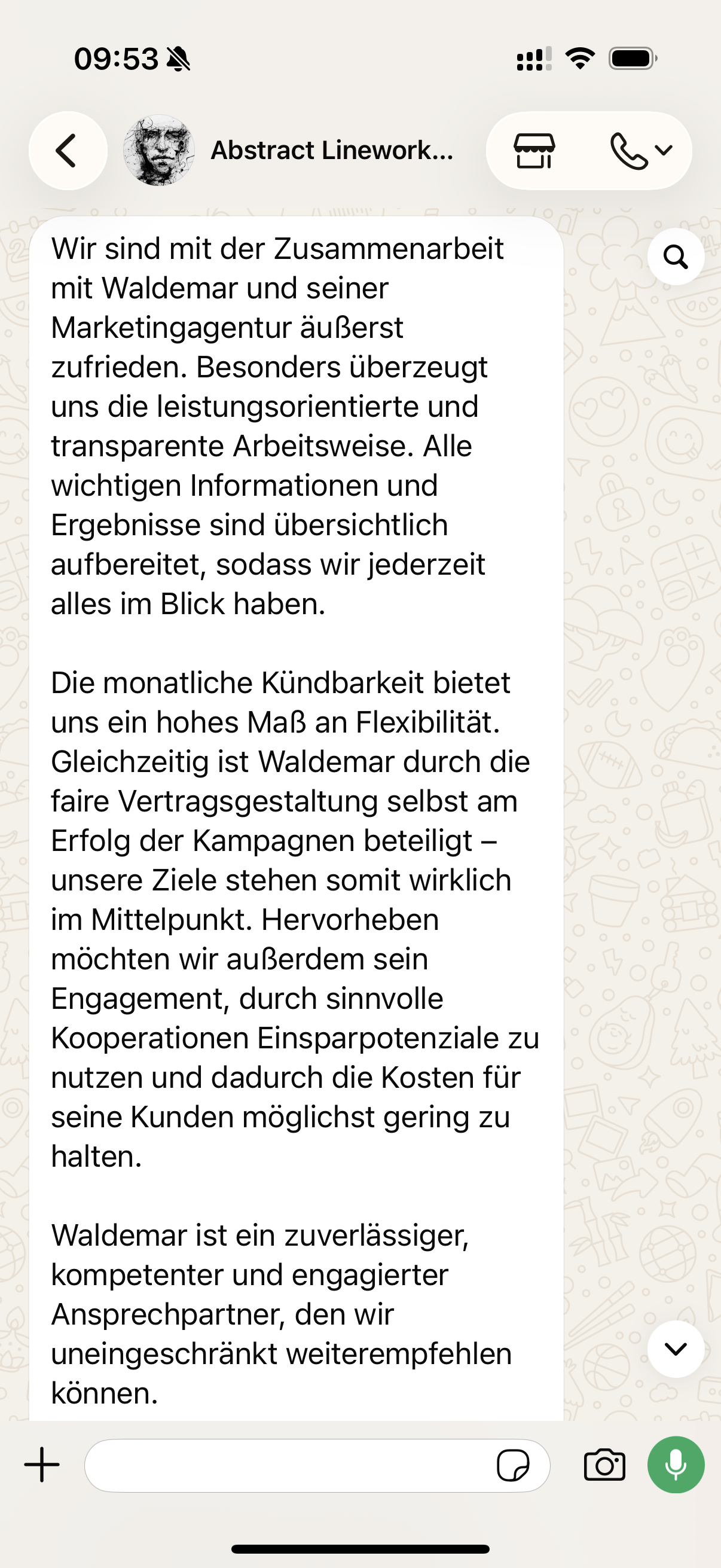 WhatsApp-Nachricht von einem Studioinhaber