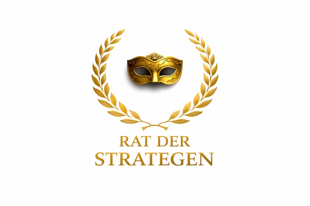 Goldener Lorbeerkranz mit goldener Maske darüber und Text "RAT DER STRATEGEN" darunter auf weißem Hintergrund.