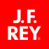 Logo "J.F. REY" in Weiß auf rotem Hintergrund mit registriertem Warenzeichensymbol.