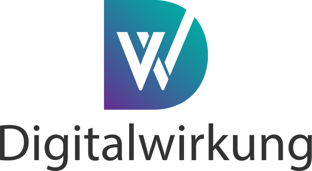 Digitalwirkung Logo: Großes lila und türkises D mit einem überlappenden W, darunter der Text "Digitalwirkung".