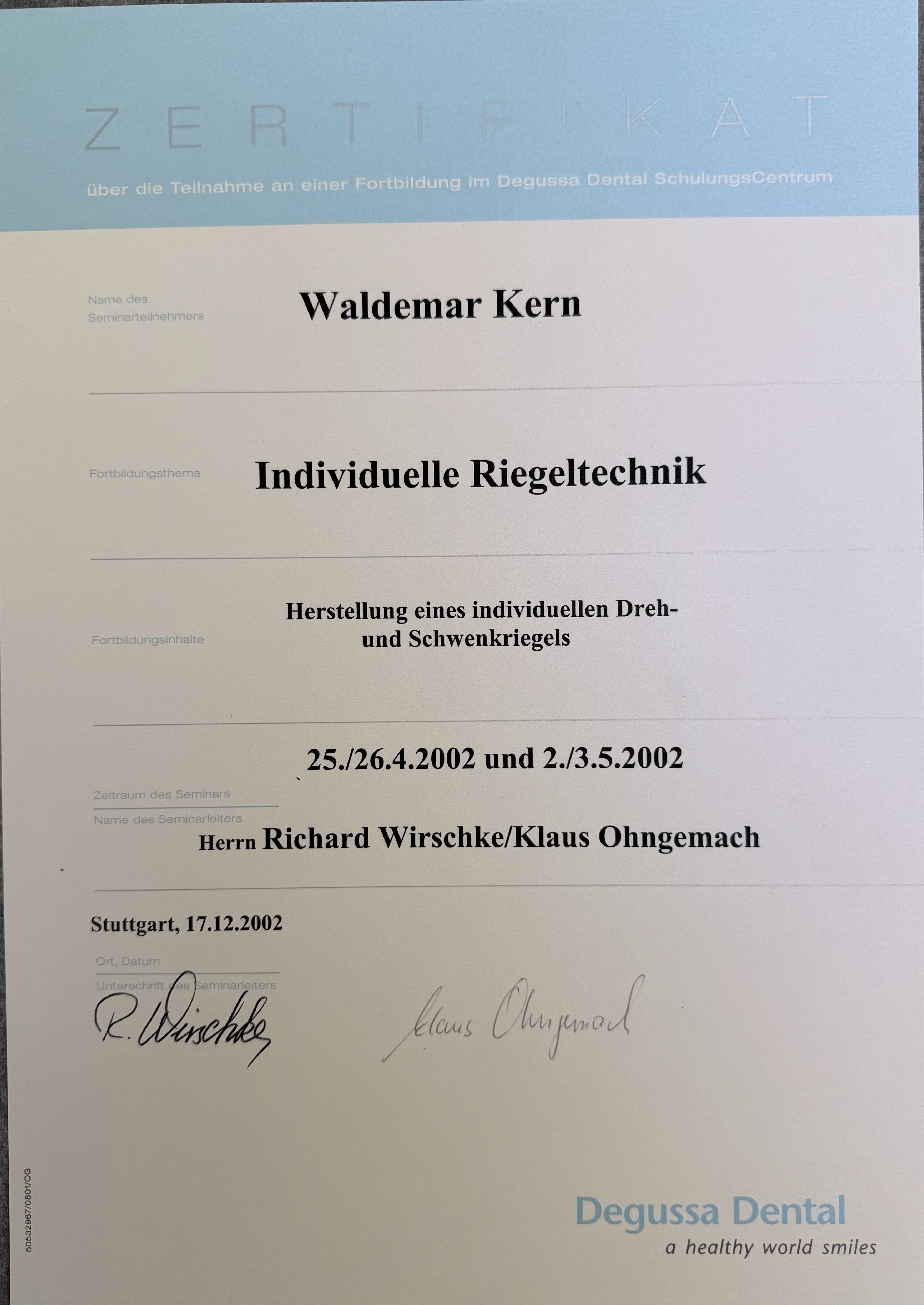 Fortbildungszertifikat 15 von ADU-Dental