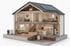 Schnittansicht eines Hauses mit Solarmodulen, Wärmepumpe und Fußbodenheizung.