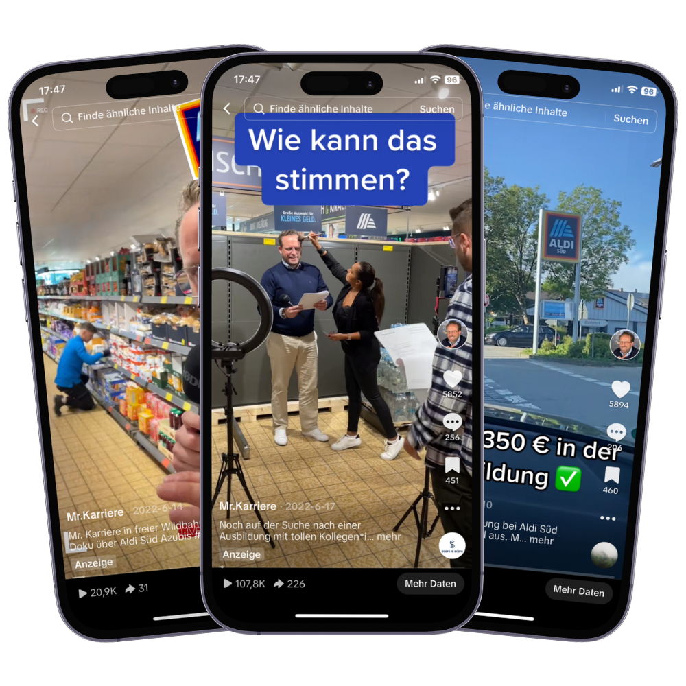 Drei Videos der Aldi Süd Kampagne auf Smartphones