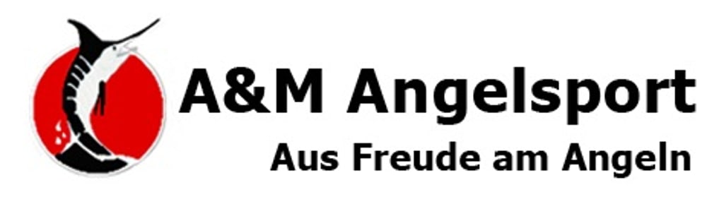 Logo: Schwarz-weißer Schwertfisch auf rotem Kreis, daneben "A&M Angelsport", darunter "Aus Freude am Angeln".